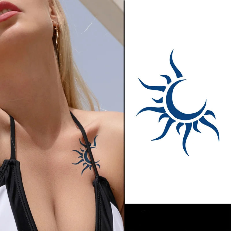 Tattoo design of a sun and moon on a person's neck 