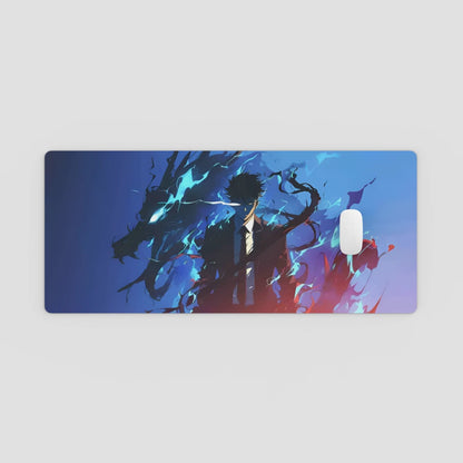 Mouse pad with an anime-style design featuring a character and dragon-like creature on a blue background.
