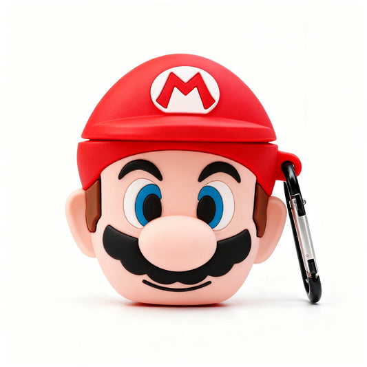 super mario airpods case with keychain on a white background