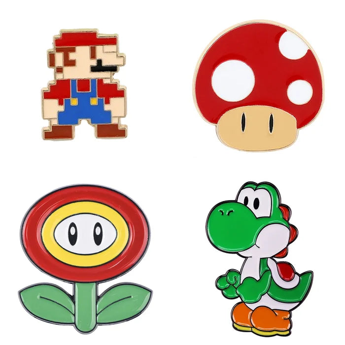 Four colorful pins featuring characters from a popular video game series on a white background.