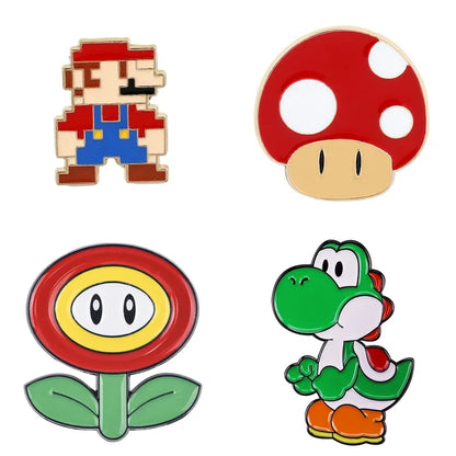 Four colorful pins featuring characters from a popular video game series on a white background.