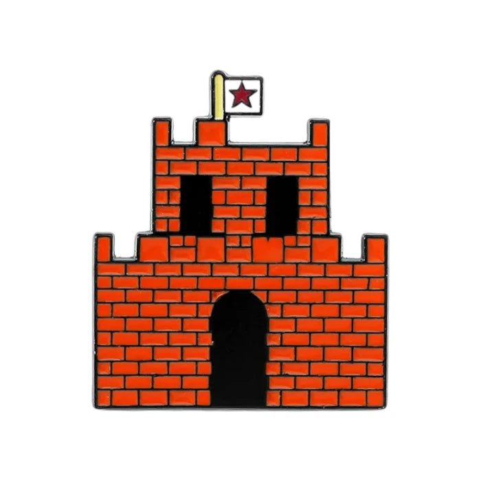 Red brick castle with a flag on a white background