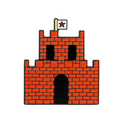 Red brick castle with a flag on a white background