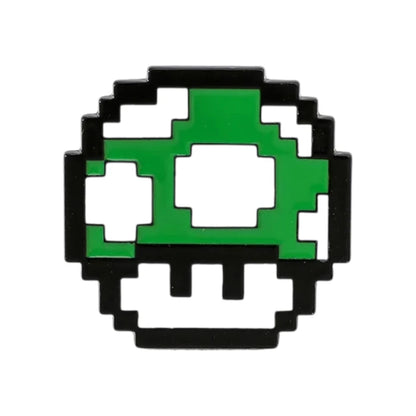 Pixelated green mushroom with black outline on a white background