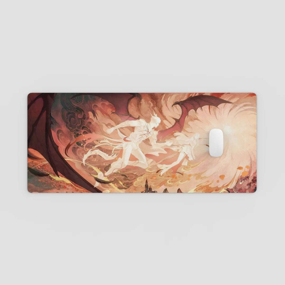 Mouse pad with artistic design of a dragon and warrior on a white background