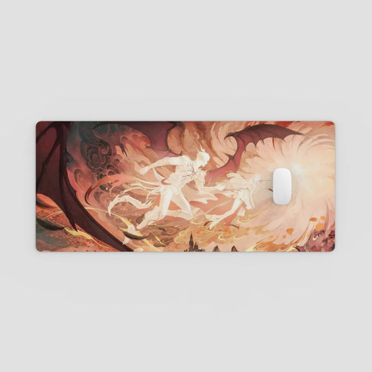 Mouse pad with artistic design of a dragon and warrior on a white background