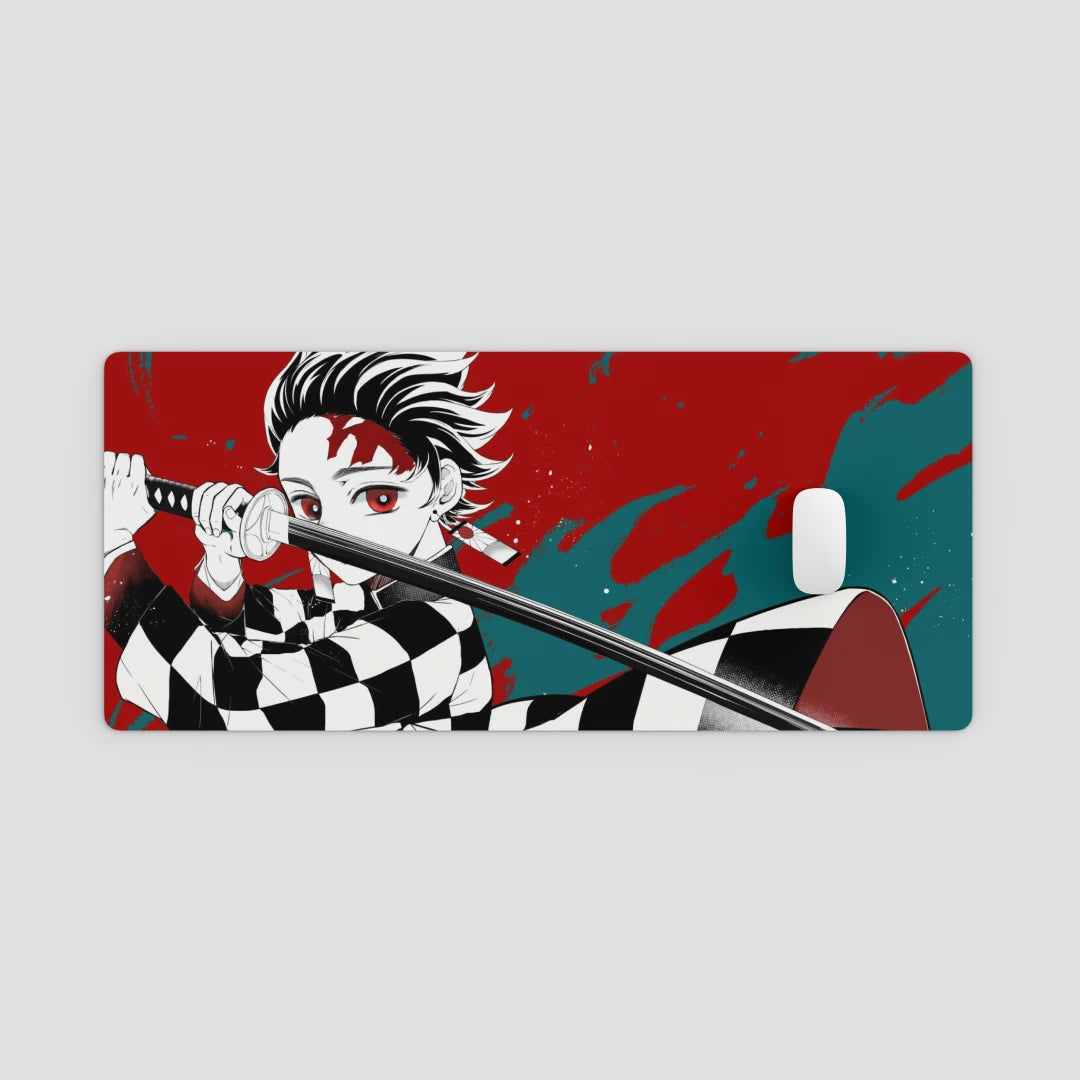 Anime-style character with a checkered outfit and sword on a red and blue background