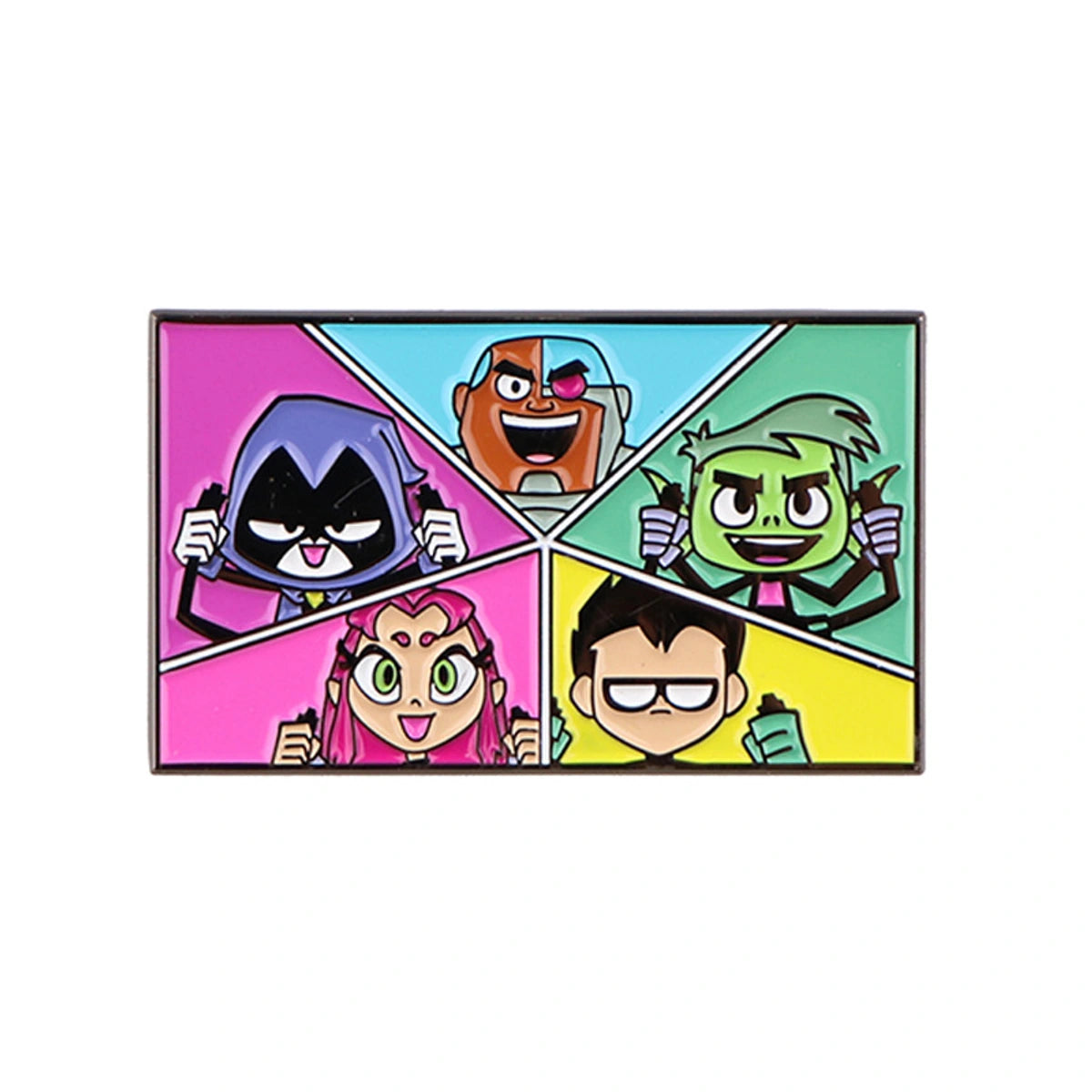 A rectangular enamel pin featuring cartoon characters from Teen Titans in a colorful geometric design, set against a plain white background.