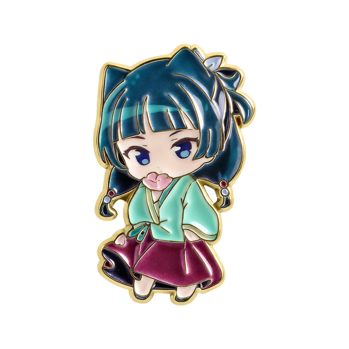 Animated character pin with blue hair and traditional outfit on a white background