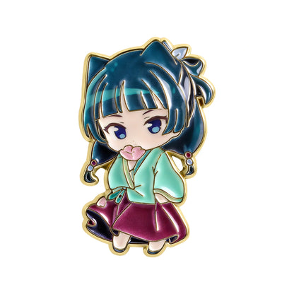 Animated character pin with blue hair and traditional outfit on a white background