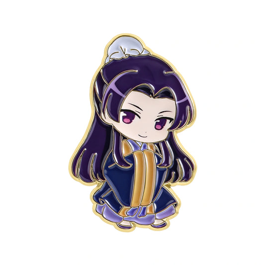 A chibi-style enamel pin of a female anime character with long dark purple hair, wearing a navy blue and gold outfit, set against a plain white background.