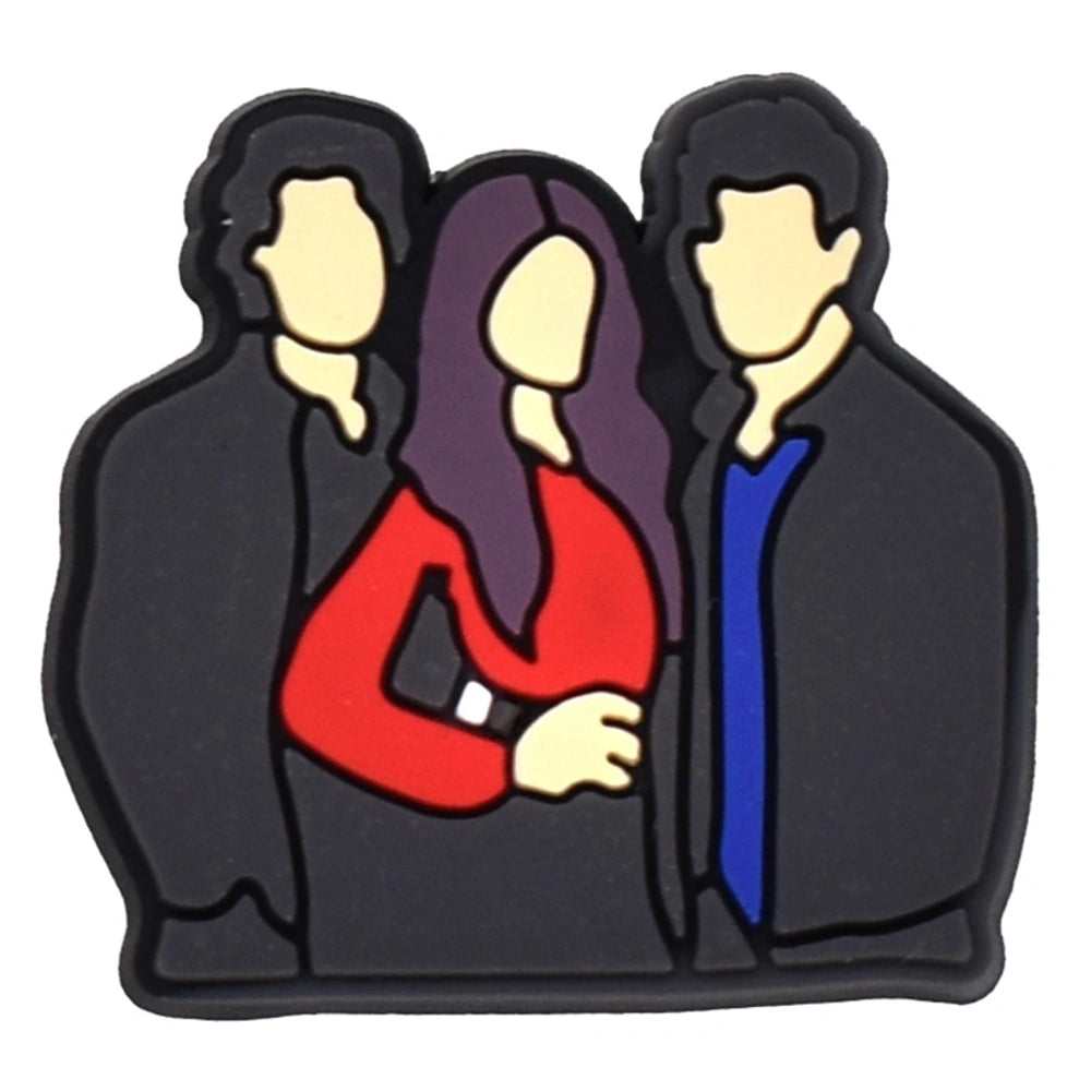 Three people with different colored shirts on a black background