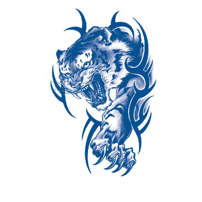 Blue tribal tiger design text on a white background