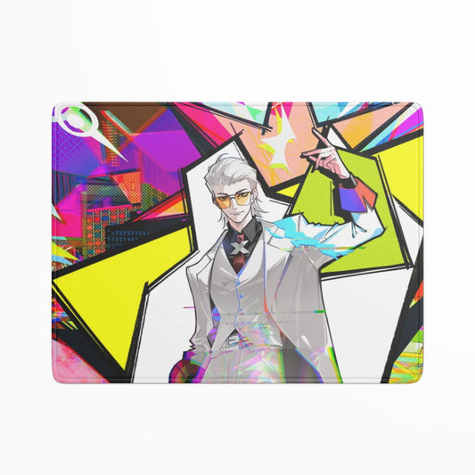 Colorful laptop skin with a stylized character on a white background