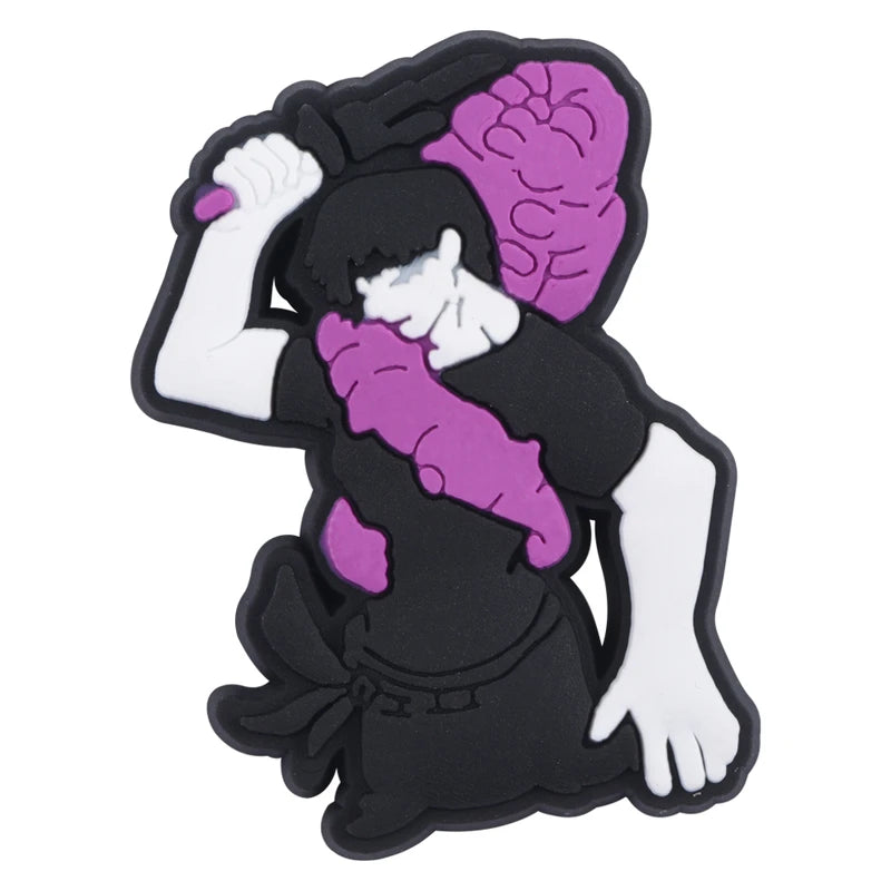 Black and white character with purple accents on a white background