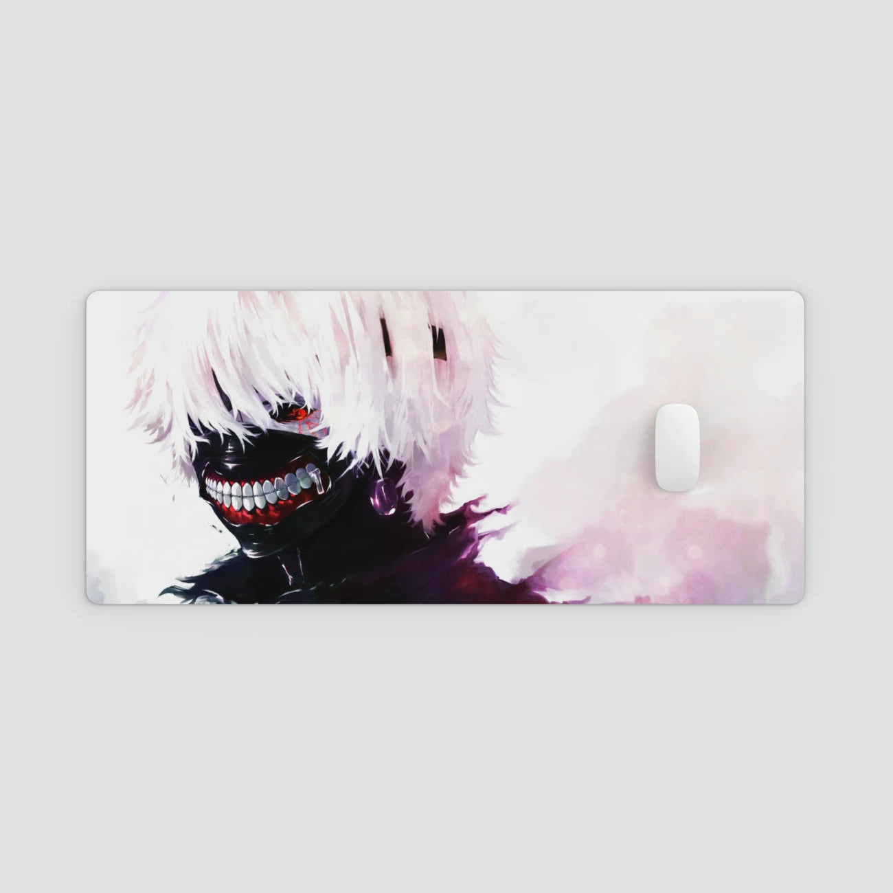 Anime character with white hair and red eyes on a phone case with a light gray background