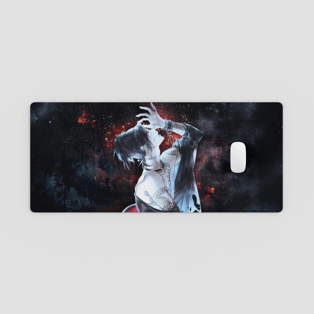 Desk Mat with an artistic design of a person in a dynamic pose against a cosmic background.