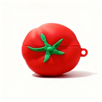 Red tomato-shaped case with green leaves on a white background