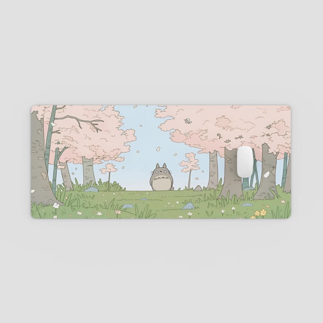Illustration of a character in a forest with cherry blossom trees on a light gray background