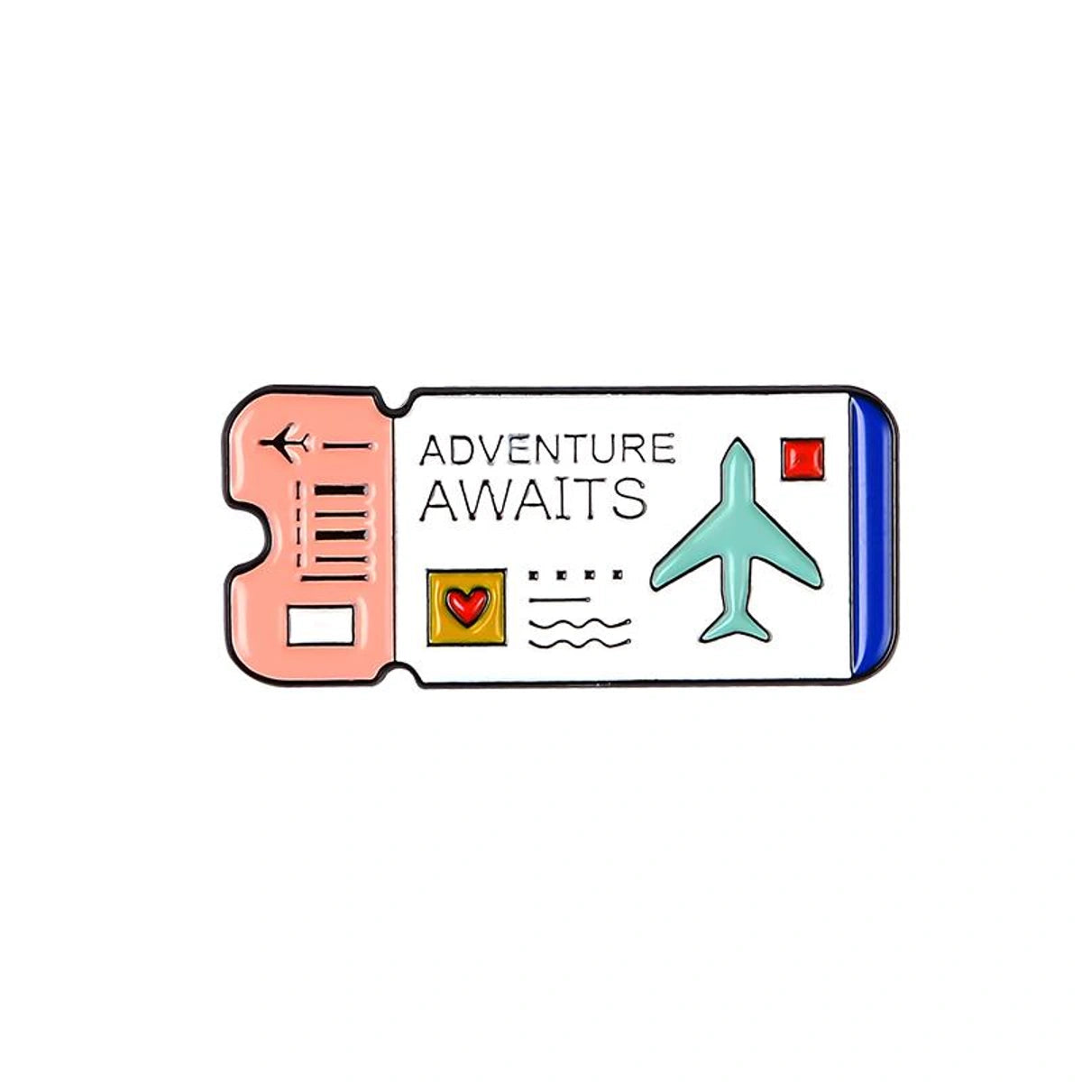 A travel ticket-shaped enamel pin with the words 'ADVENTURE AWAITS' and colorful icons including a light blue airplane, a red square, a yellow heart, and a blue vertical stripe, shown on a plain white background.