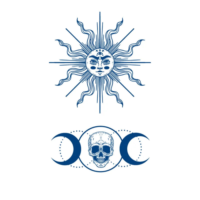 jagua tattoo with sun and moon with skull design on a white background