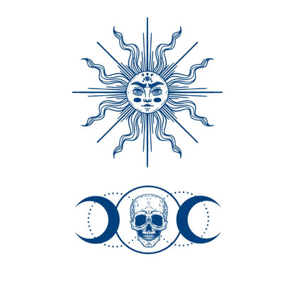 jagua tattoo with sun and moon with skull design on a white background