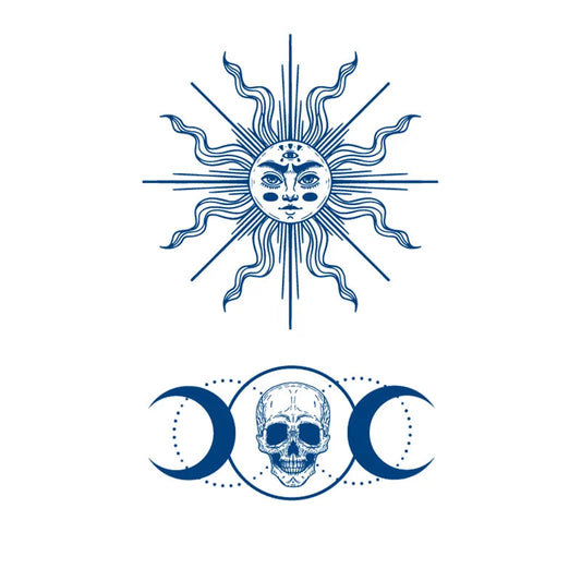 jagua tattoo with sun and moon with skull design on a white background
