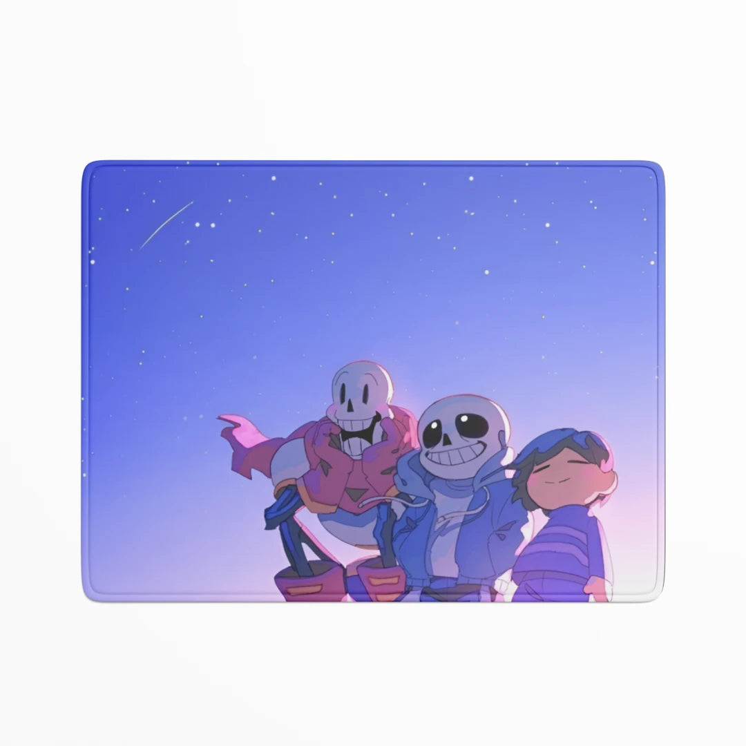 Three animated characters standing together against a starry night sky background