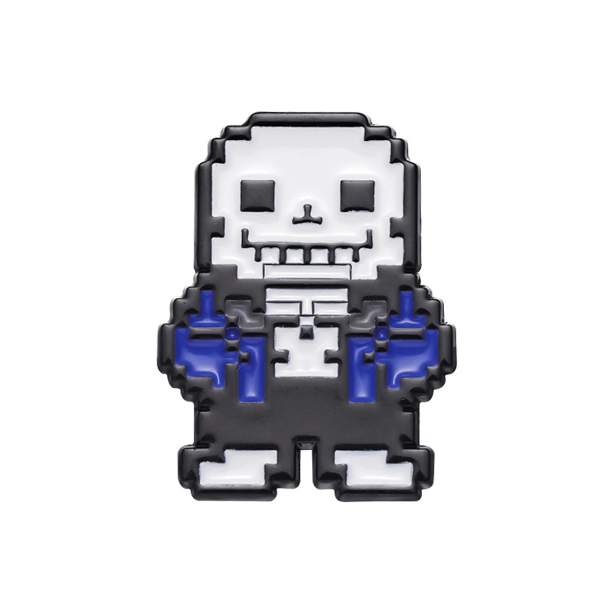 Pixel art enamel pin of Sans from Undertale, featuring a white pixelated skull and torso with blue hands and a black outline, on a solid white background.