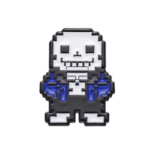 Pixel art enamel pin of Sans from Undertale, featuring a white pixelated skull and torso with blue hands and a black outline, on a solid white background.