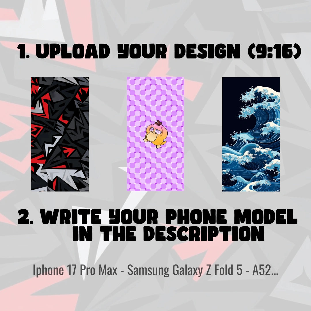 Promotional graphic for a custom phone case design service, featuring text instructions '1. UPLOAD YOUR DESIGN (9:16)' and '2.