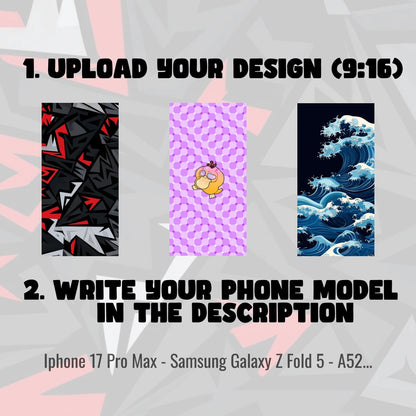 Promotional graphic for a custom phone case design service, featuring text instructions '1. UPLOAD YOUR DESIGN (9:16)' and '2.