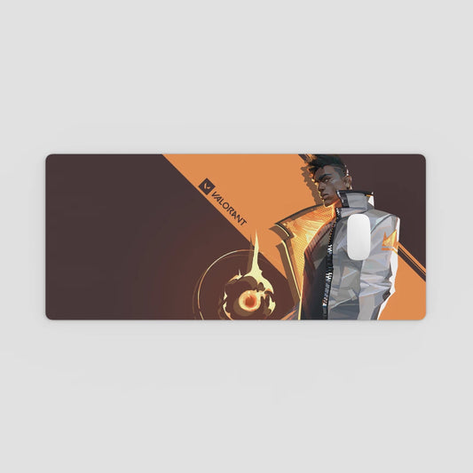 Mouse pad with character design and 'Valorant' branding on a gray background