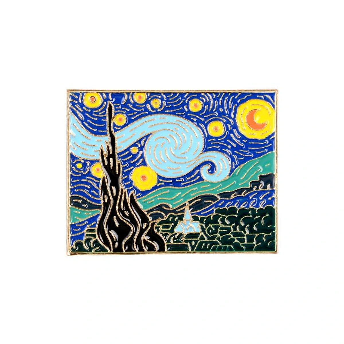 A square enamel pin featuring a stylized version of Van Gogh's Starry Night with swirling blue sky, yellow sun and stars, green hills, and a black cypress tree, outlined in gold metal on a white background.