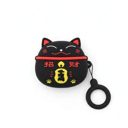 Black cat-shaped air pod case with red and yellow design on a white background