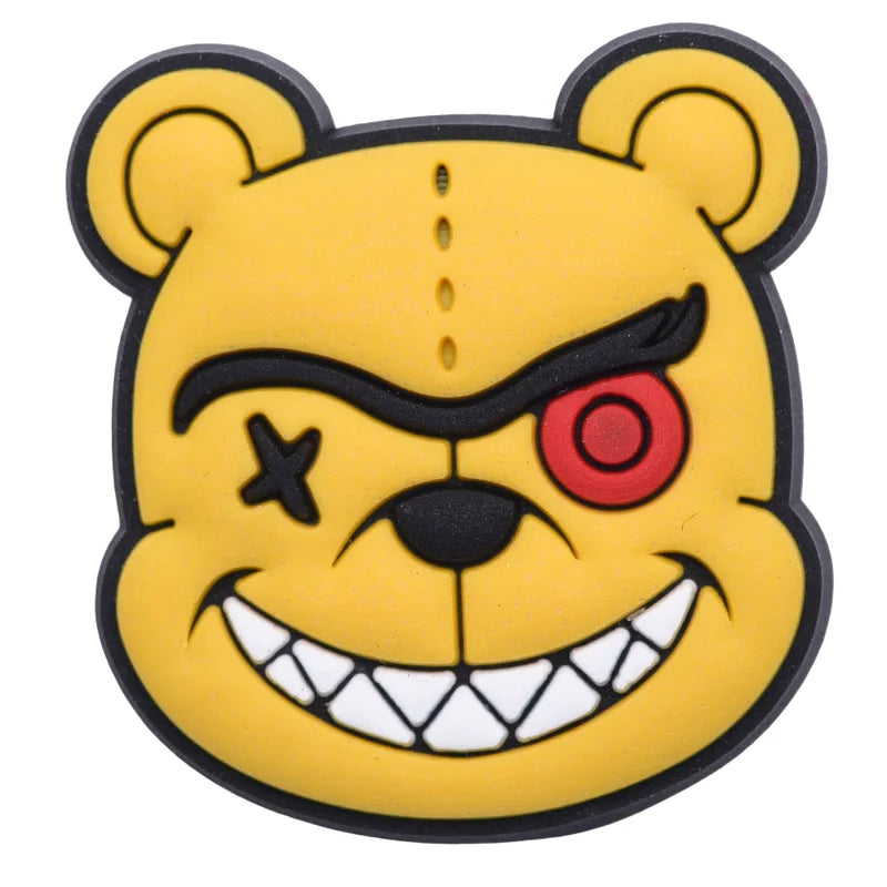 Yellow bear head with a red eye and black star on a white background