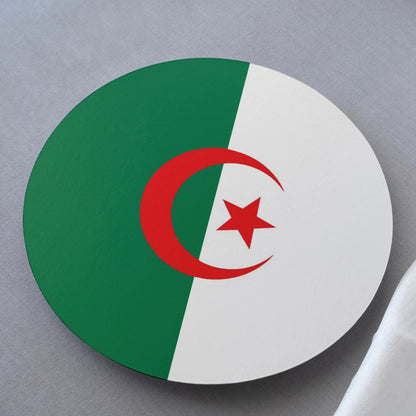 Round coaster with green and white design featuring a red crescent and star on a gray background