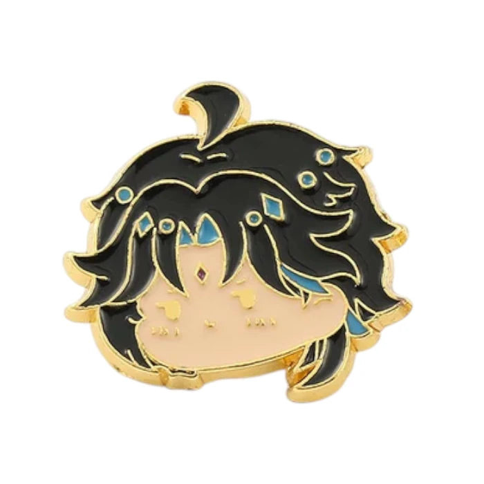 Pin with black hair and blue accents on a white background