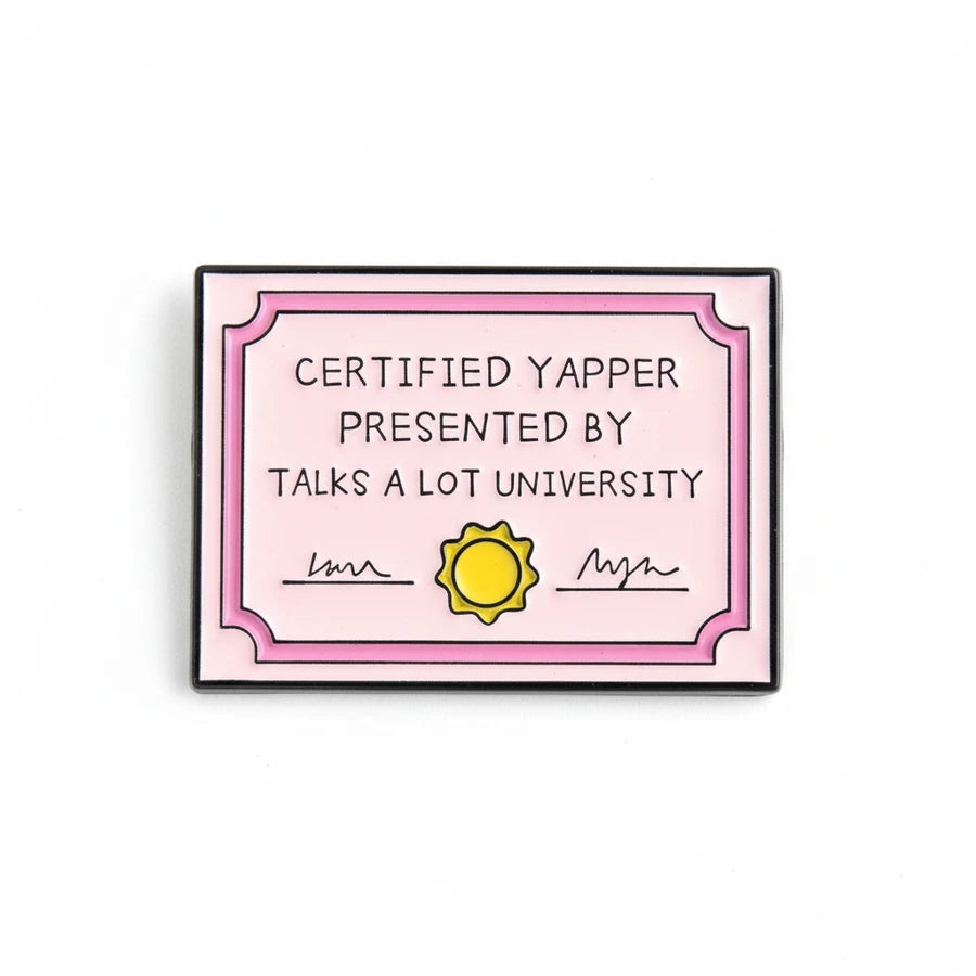 Certified Yapper certificate with a pink border and yellow sun icon on a white background