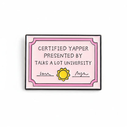 Certified Yapper certificate with a pink border and yellow sun icon on a white background