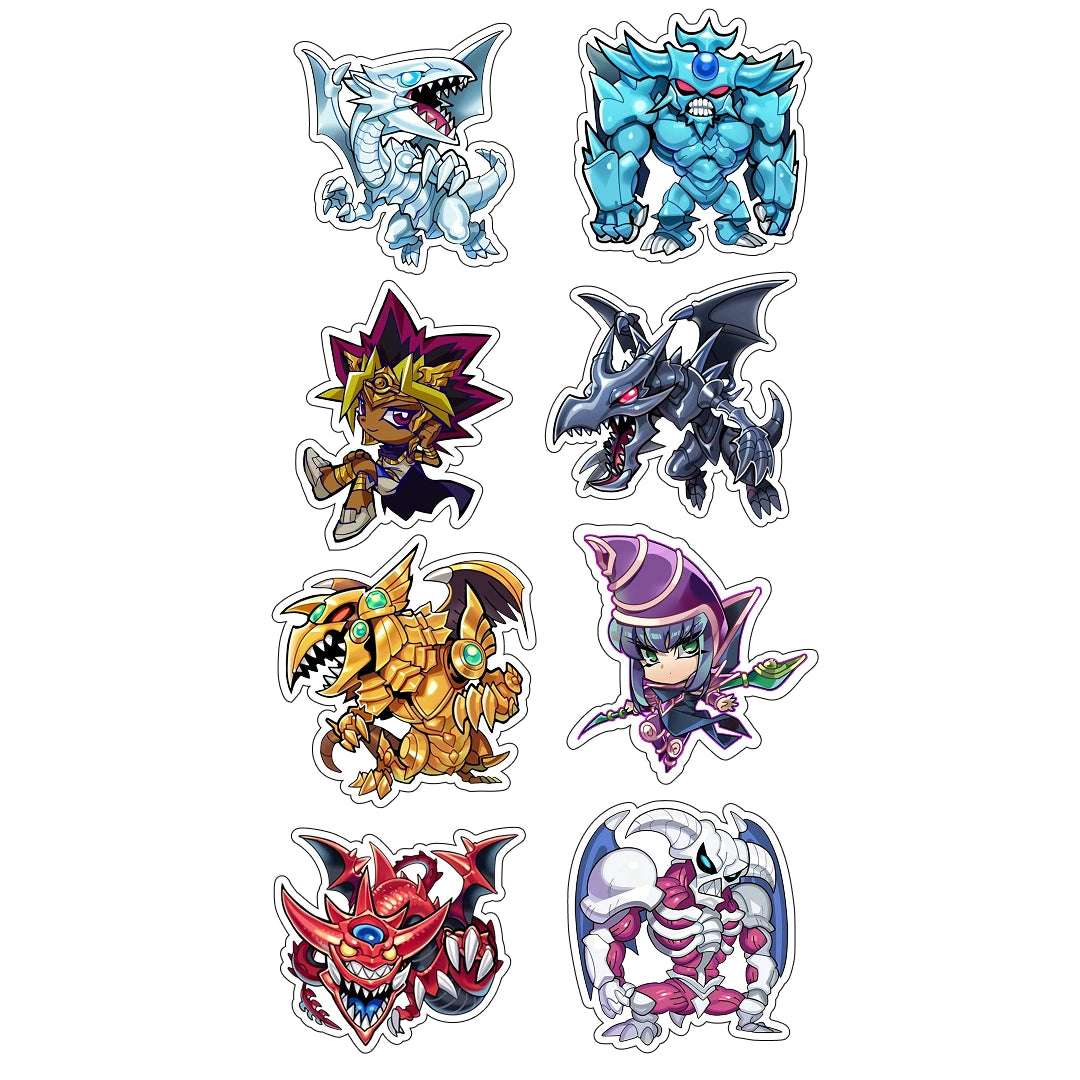 Nine small cartoon monster and character stickers arranged in a 3-by-3 grid on a plain white background. The stickers feature various fantasy creatures in blue, gray, gold, red, purple, and white tones.