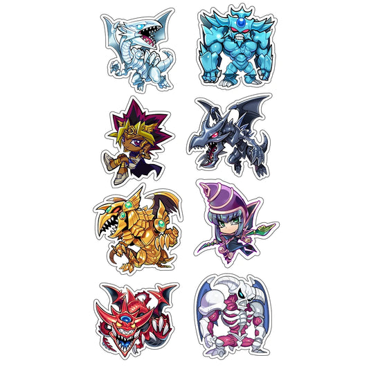 Nine small cartoon monster and character stickers arranged in a 3-by-3 grid on a plain white background. The stickers feature various fantasy creatures in blue, gray, gold, red, purple, and white tones.