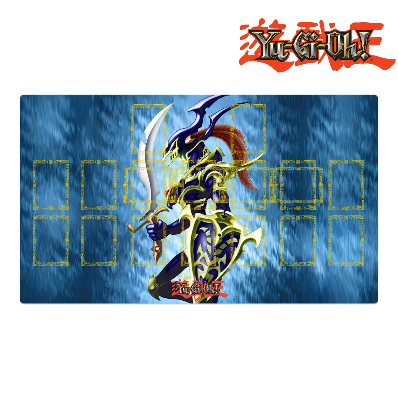 Yu-Gi-Oh! game mat with a character design on a blue background