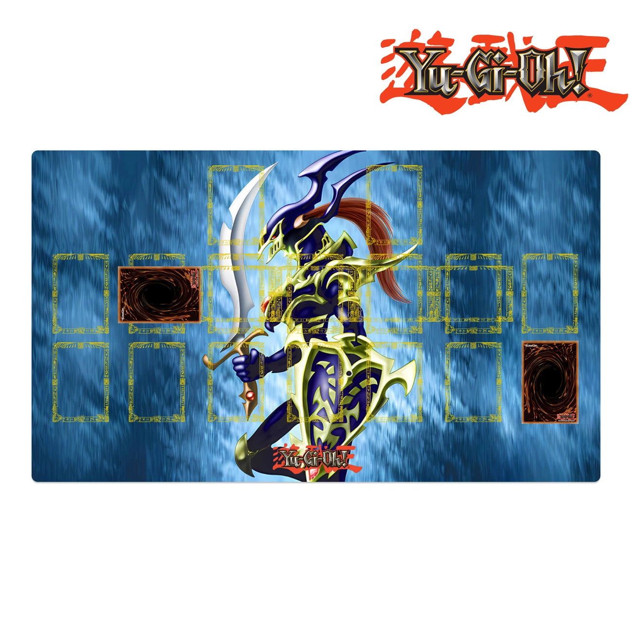 Yu-Gi-Oh! playmat with a character design on a blue background