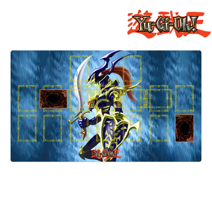 Yu-Gi-Oh! playmat with a character design on a blue background