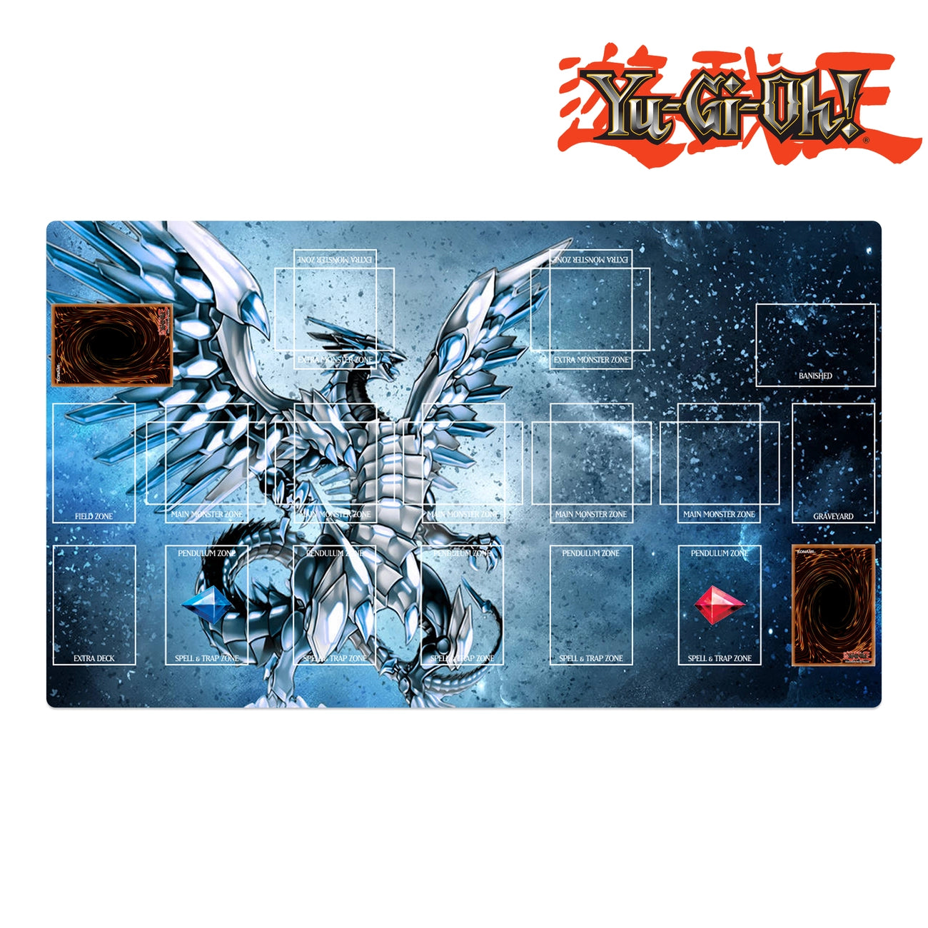 Yu-Gi-Oh! playmat with dragon design and branding on a white background