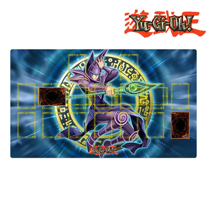 Yu-Gi-Oh! themed playmat with character design and branding.