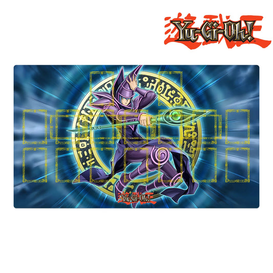 Yu-Gi-Oh! playmat with a character in a dynamic pose on a blue and yellow background