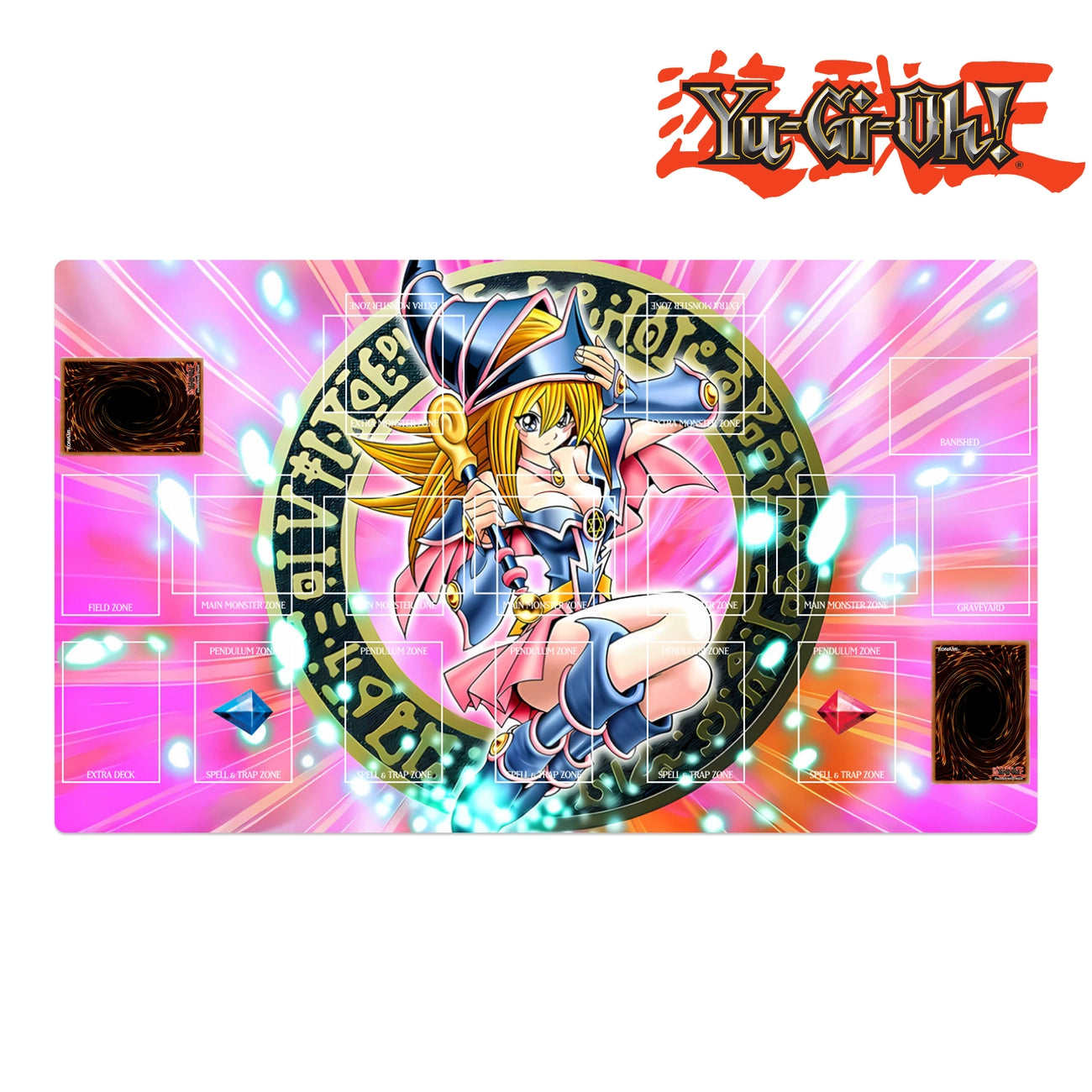 Yu-Gi-Oh! playmat with character design on a colorful background