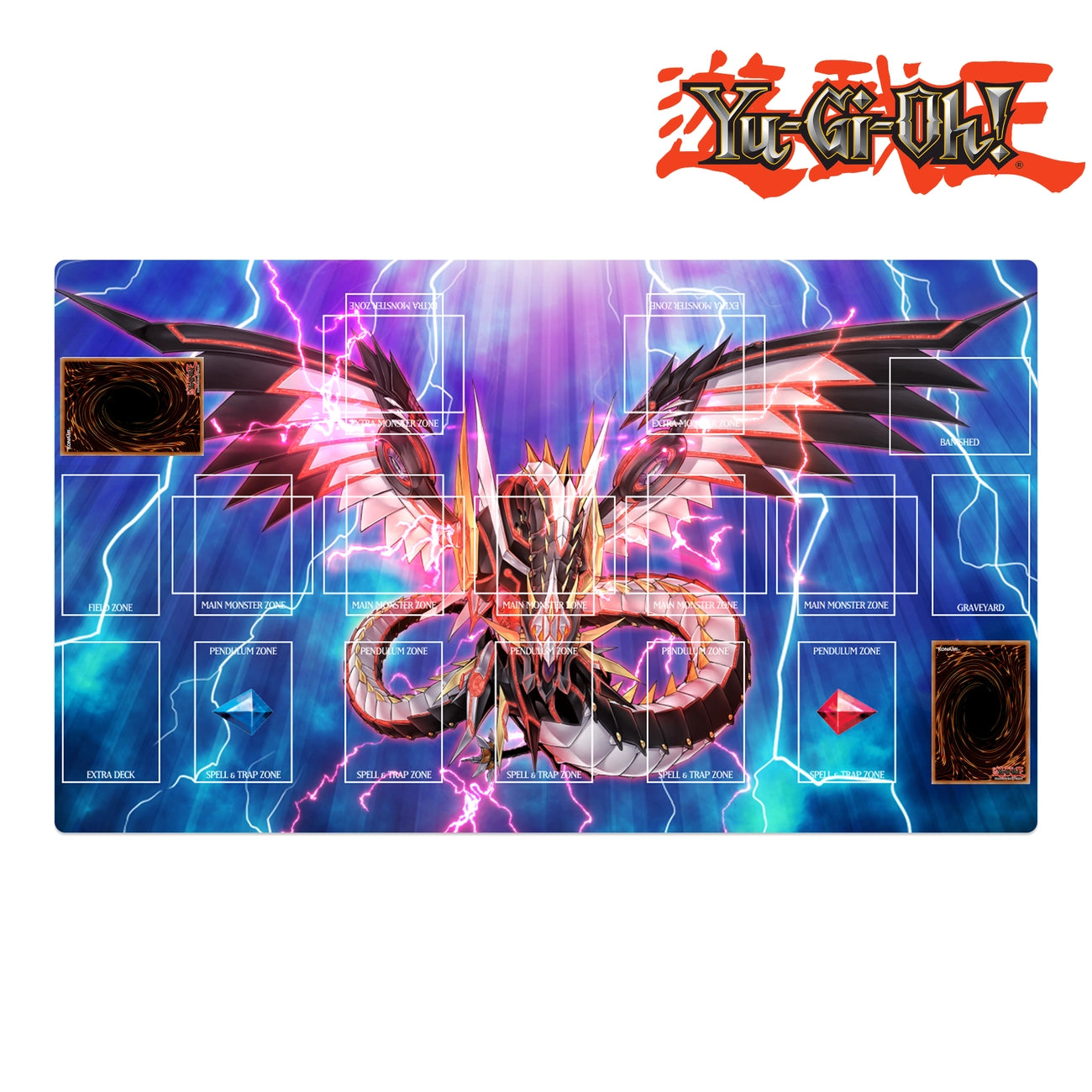Yu-Gi-Oh! playmat with dragon design and branding on a white background